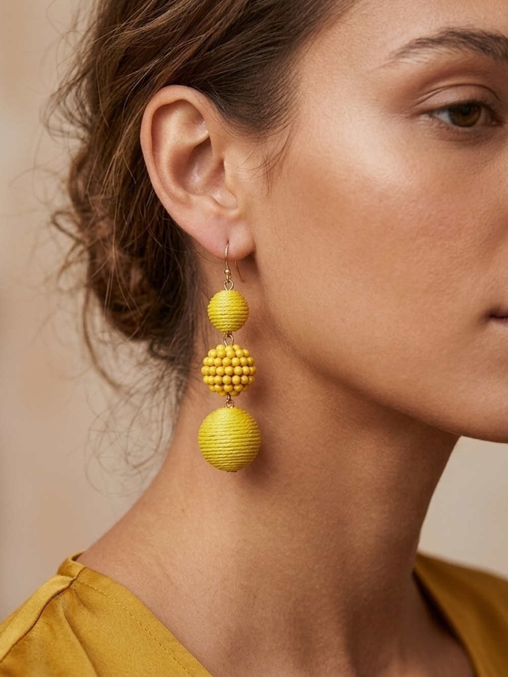 Handmade Yellow Boho Triple Ball Tier Drop Earrings Gold Tone Hook Excellent